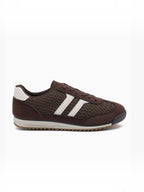 BROCK JOIA low-top brown synthetic sneakers with white contrast side stripes and a textured knit pattern
