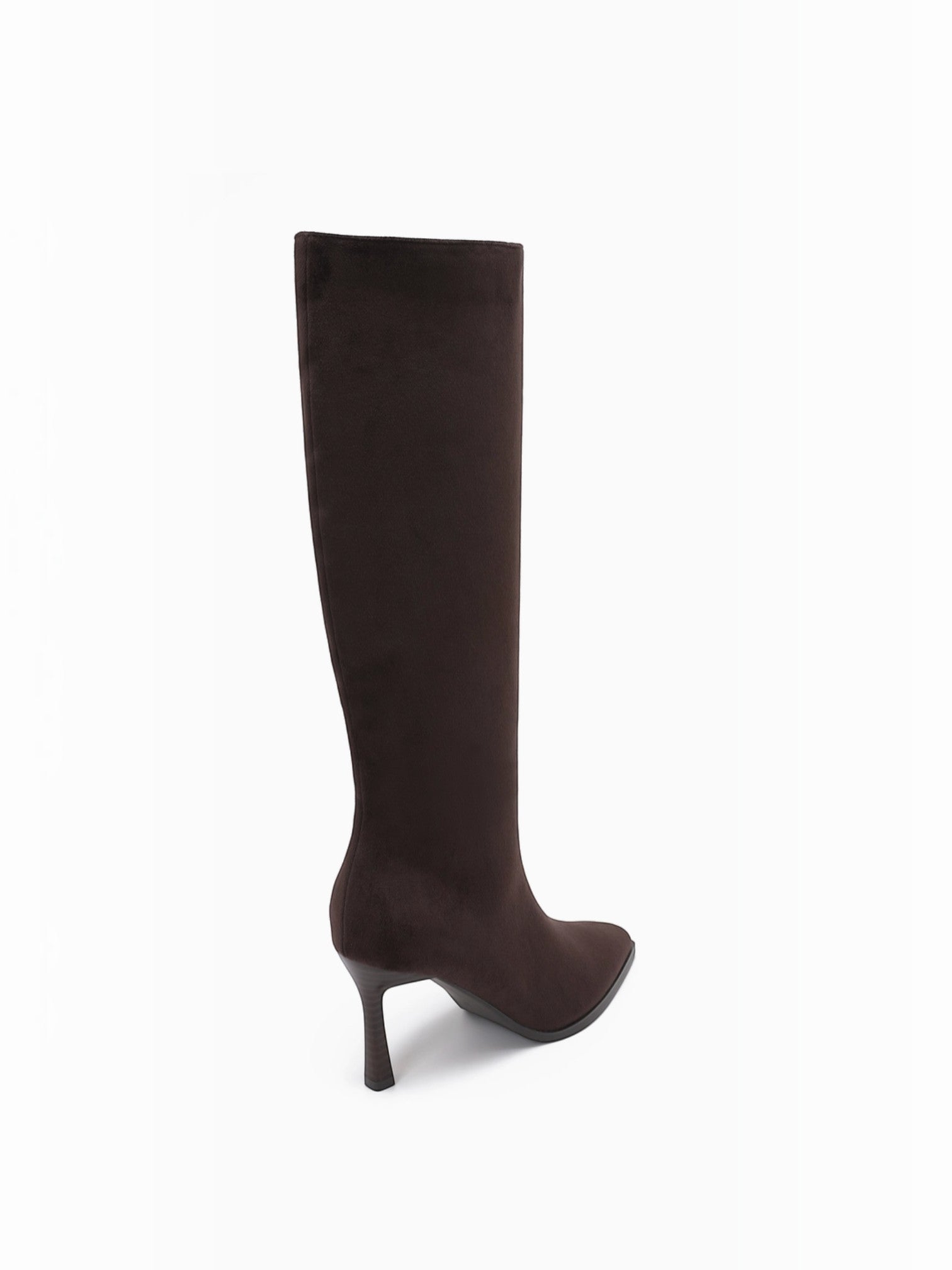 BROCK JOIA brown synthetic high-heeled boots with a pointed toe and sleek straight shaft design.