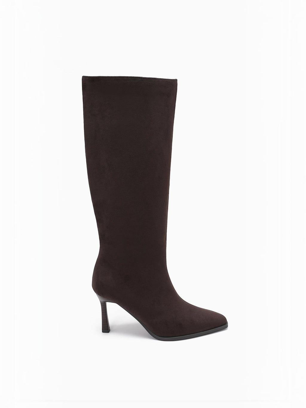 BROCK JOIA high-heeled knee-high boots in dark brown synthetic suede with a pointed toe and 8cm slim heel.