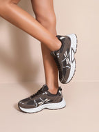 BROCK JOIA women's brown mesh running sneakers with thick white cushioned soles and synthetic overlays