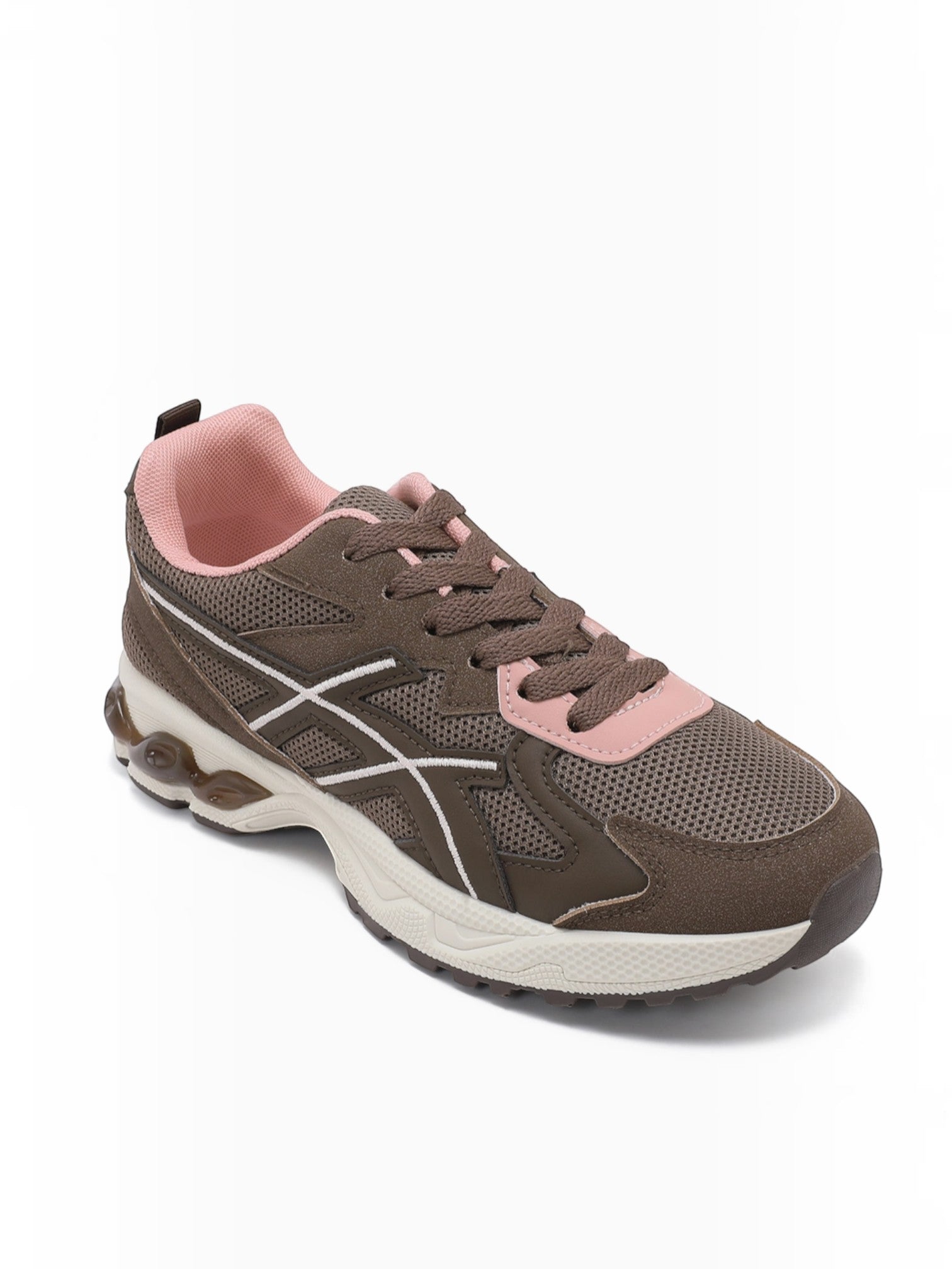 BROCK JOIA women's running style sneakers in brown and pink mesh with thick cushioned soles and synthetic suede trim.