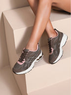 BROCK JOIA women's running style sneakers in brown mesh and synthetic suede with thick cushioned soles