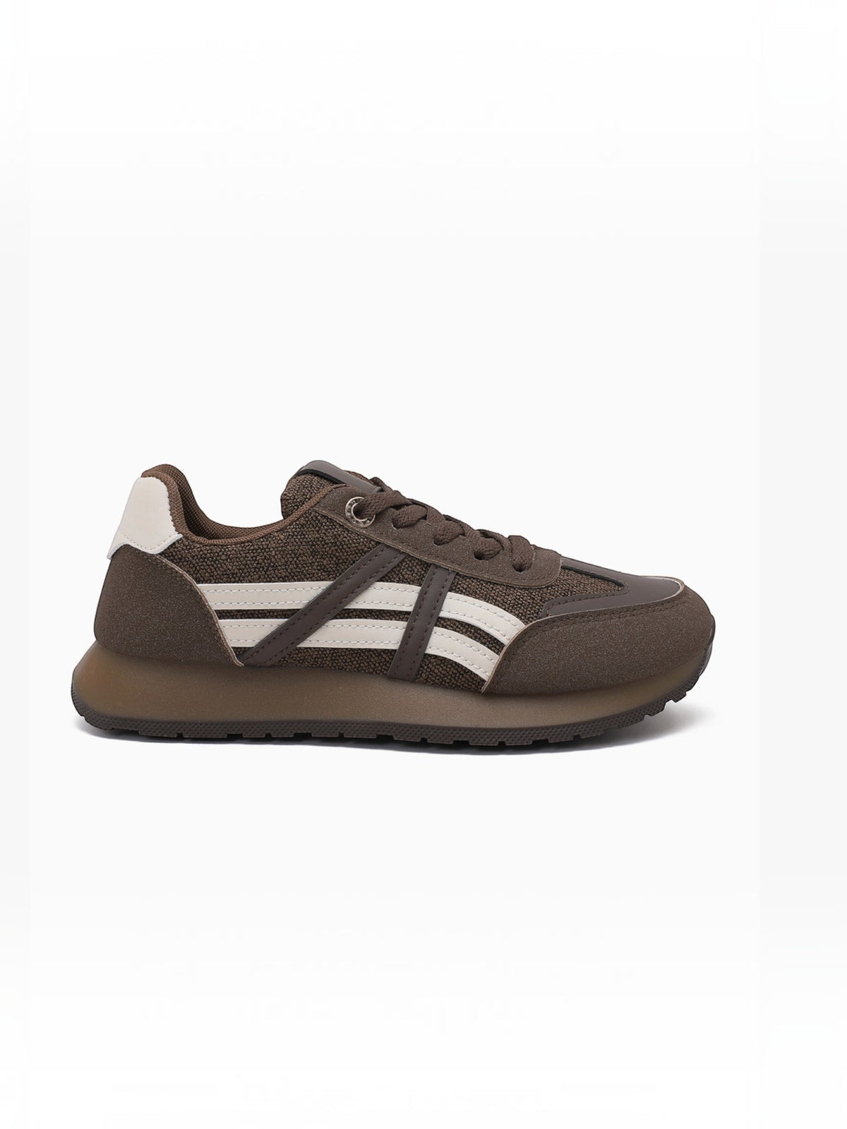BROCK JOIA women's brown running lifestyle sneakers with contrasting white side stripes and a lightweight sole.