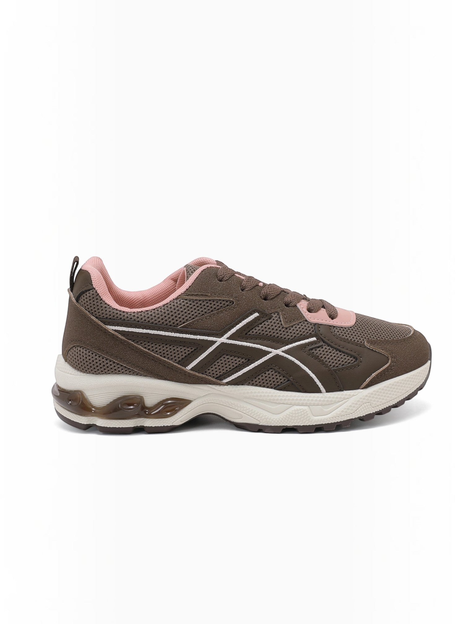 BROCK JOIA women's running-style sneakers in brown mesh and synthetic suede with thick cushioned soles and pink accents