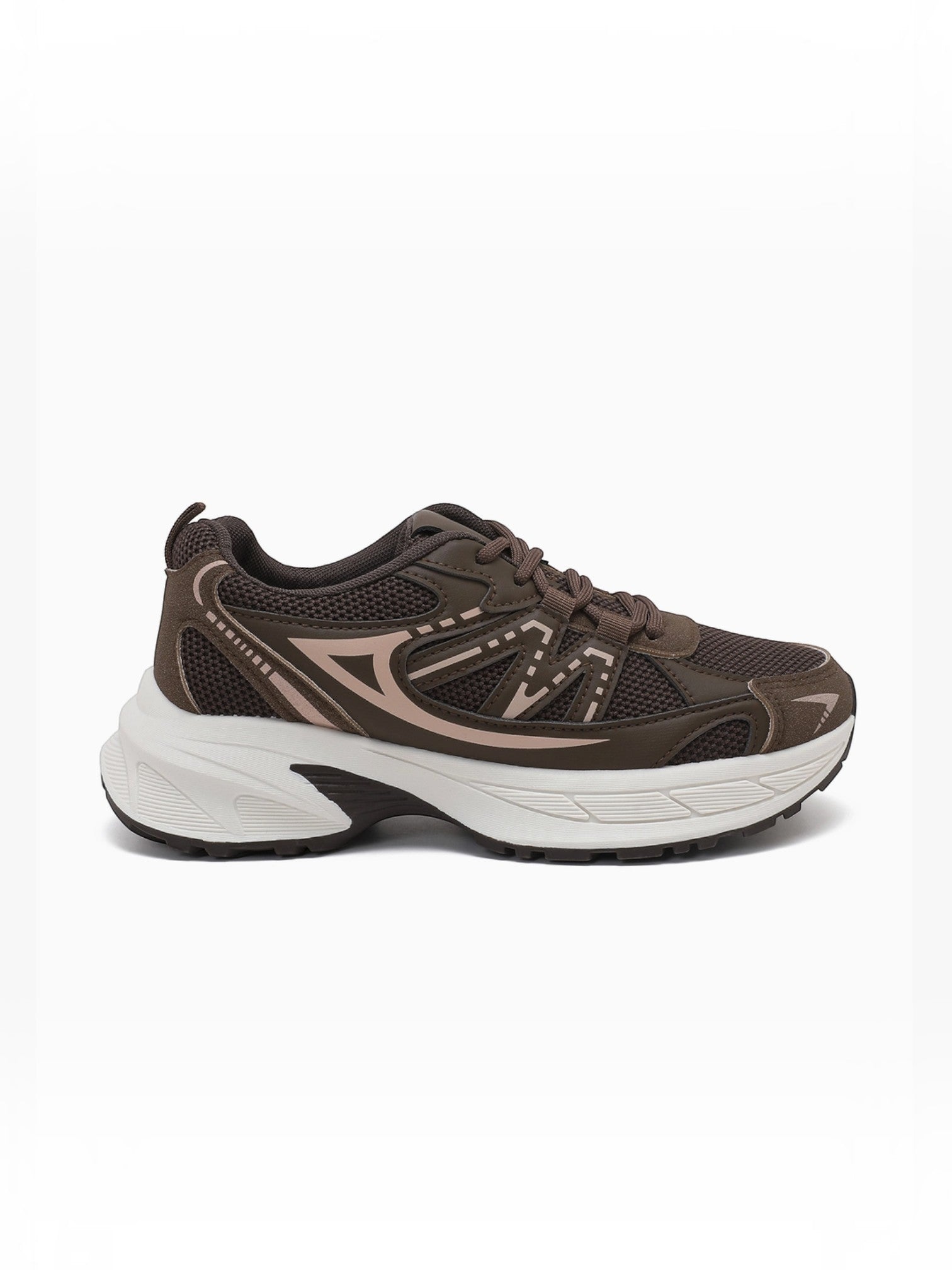 BROCK JOIA women's brown sport chic sneakers with breathable mesh, synthetic overlays, and a thick white sole.