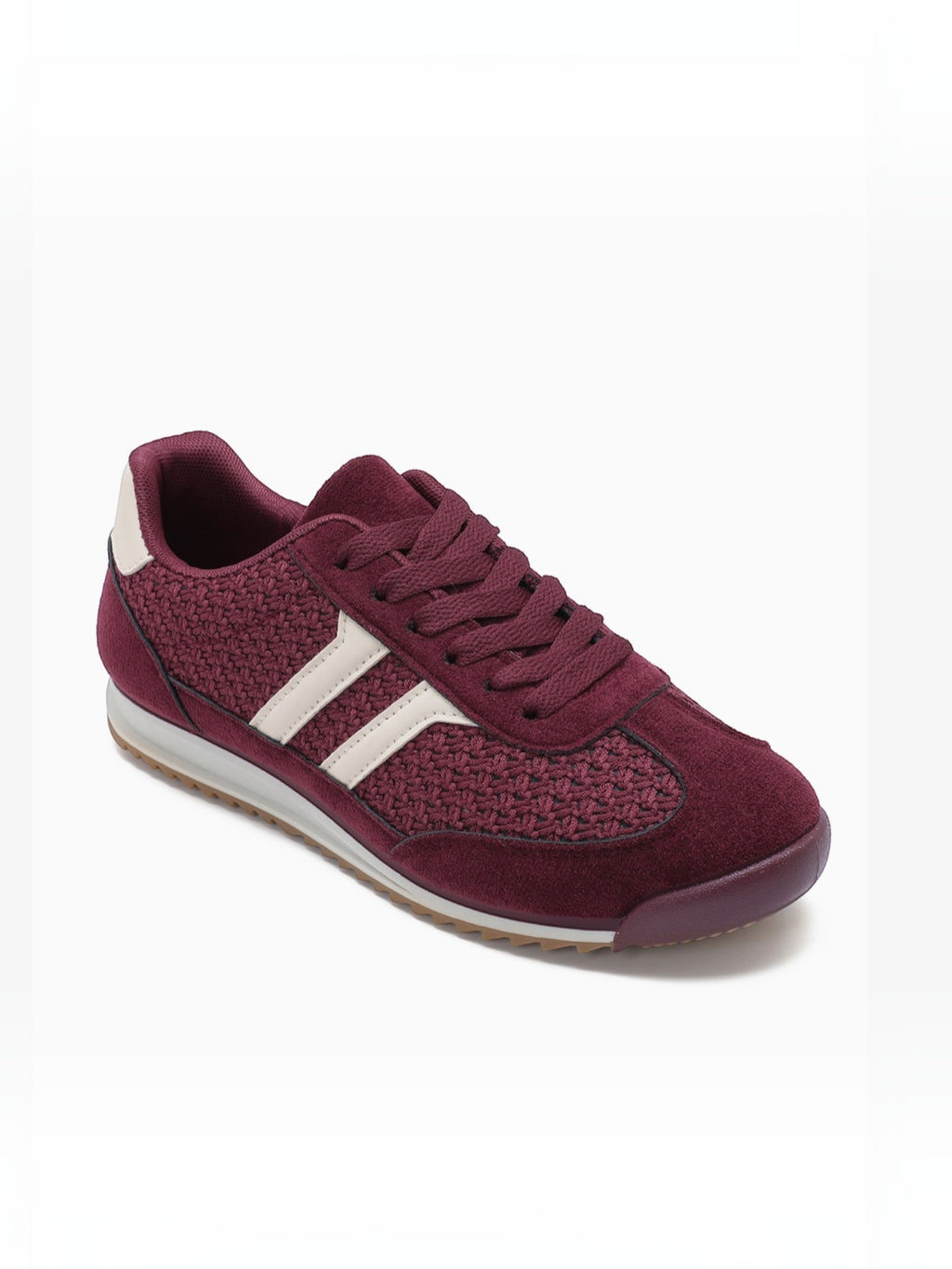 BROCK JOIA low-top sneakers in burgundy synthetic material with cream contrast side stripes and textured panels.