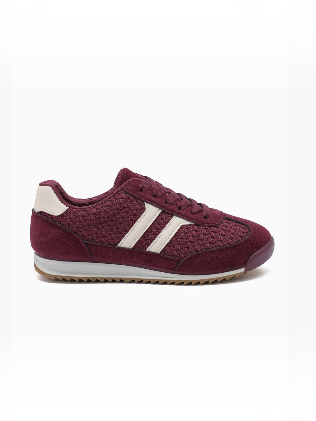 BROCK JOIA low-top sneakers in burgundy synthetic material with cream contrast stripes and a textured side panel