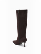 BROCK JOIA high-heeled boots in dark brown synthetic material with a pointed toe and side zipper closure.
