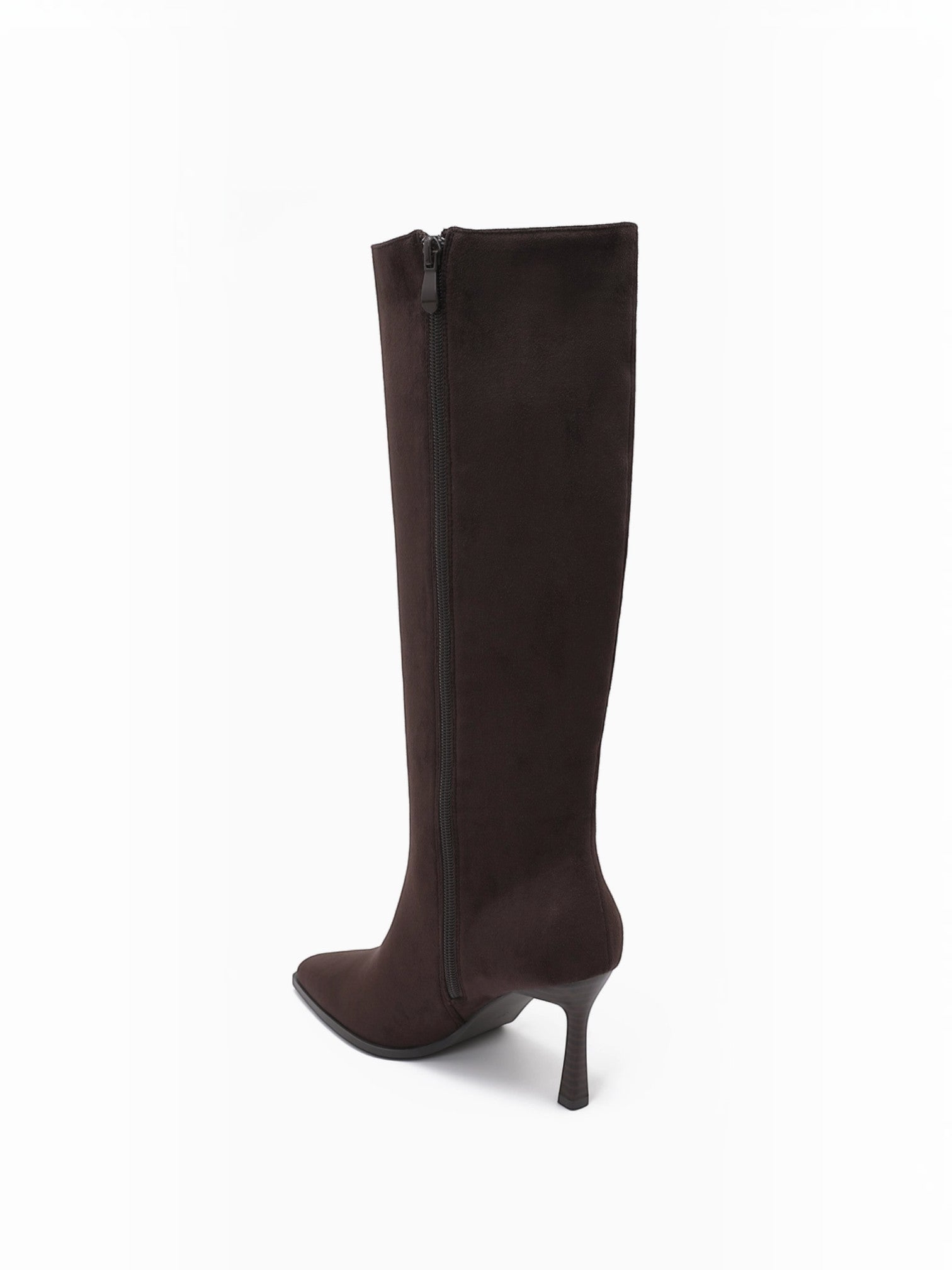 BROCK JOIA high-heeled boots in dark brown synthetic material with a pointed toe and side zipper closure.
