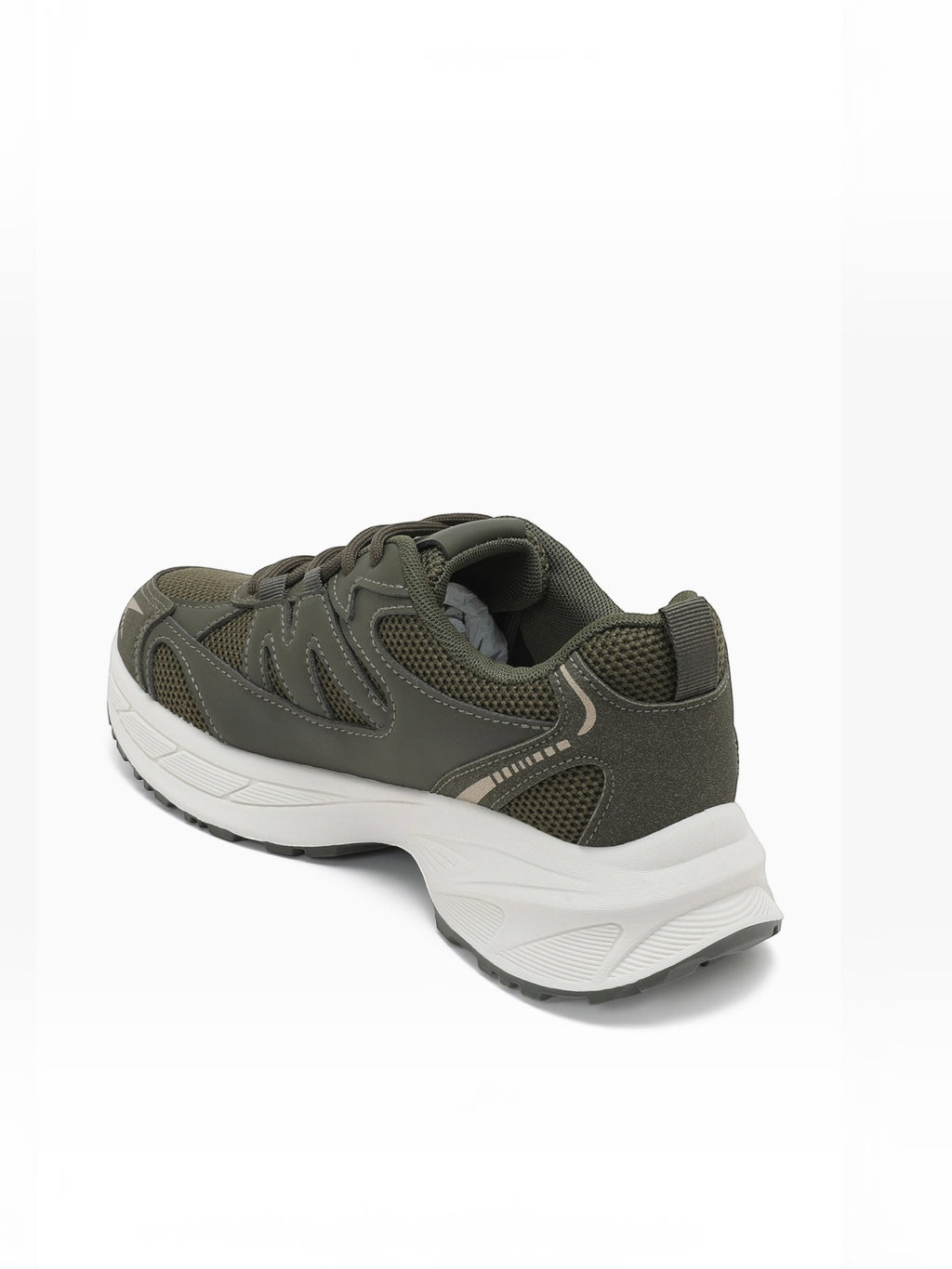 BROCK JOIA women's olive green mesh and synthetic leather sneakers with a thick white platform sole, rear view.