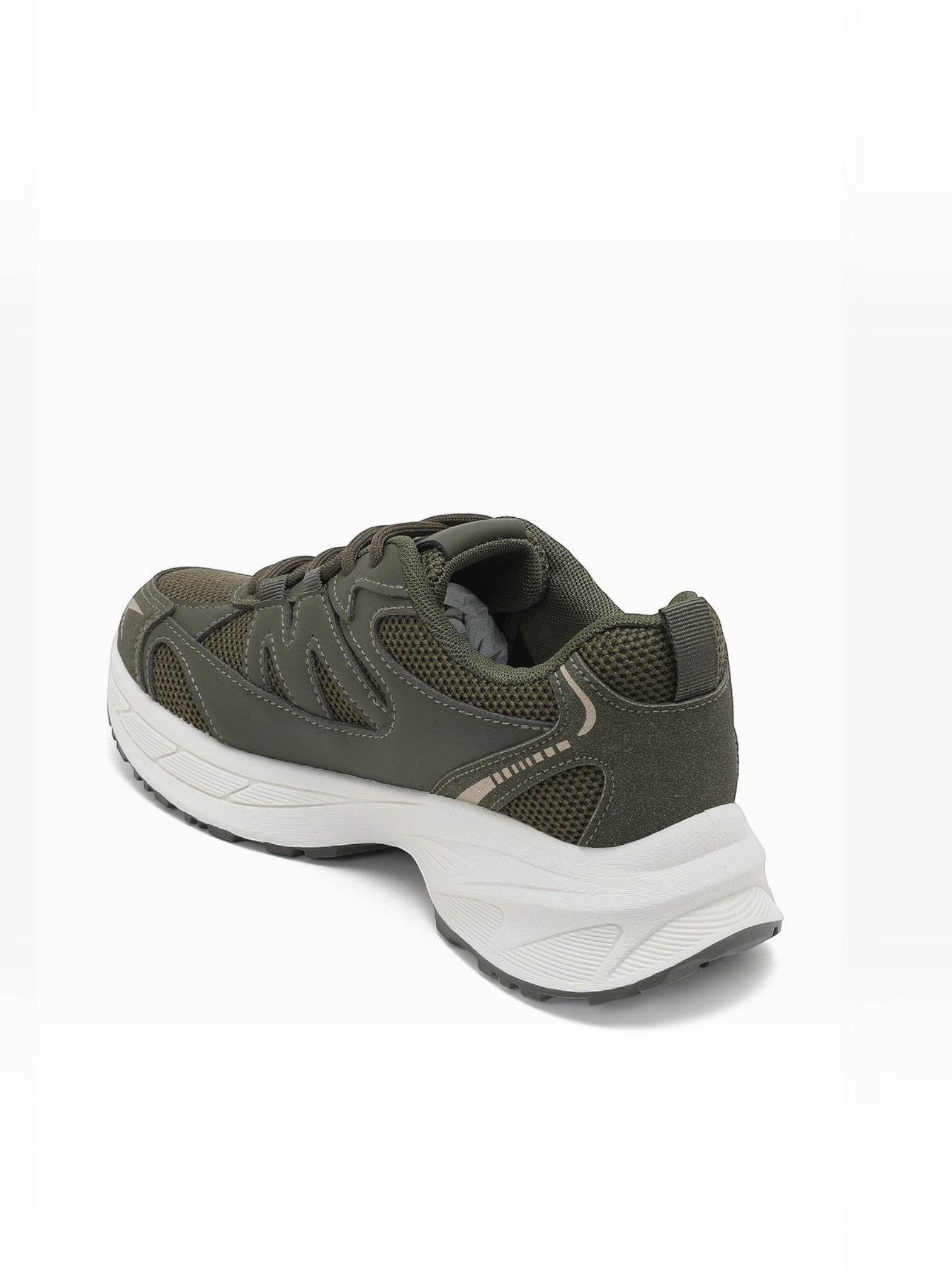 BROCK JOIA women's olive green mesh and synthetic leather sneakers with a thick white platform sole, rear view.