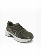 BROCK JOIA olive green sport chic sneakers with breathable mesh, synthetic overlays, and a thick white cushioned sole.