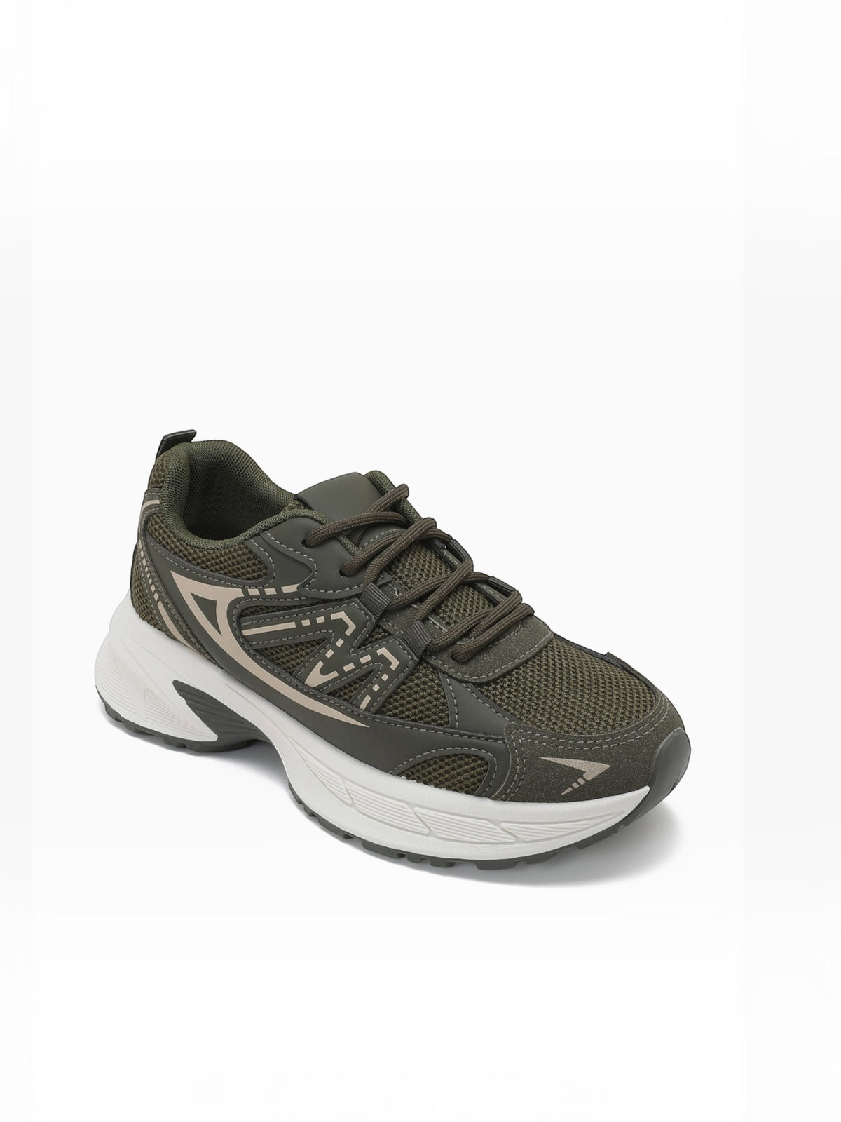 BROCK JOIA olive green sport chic sneakers with breathable mesh, synthetic overlays, and a thick white cushioned sole.