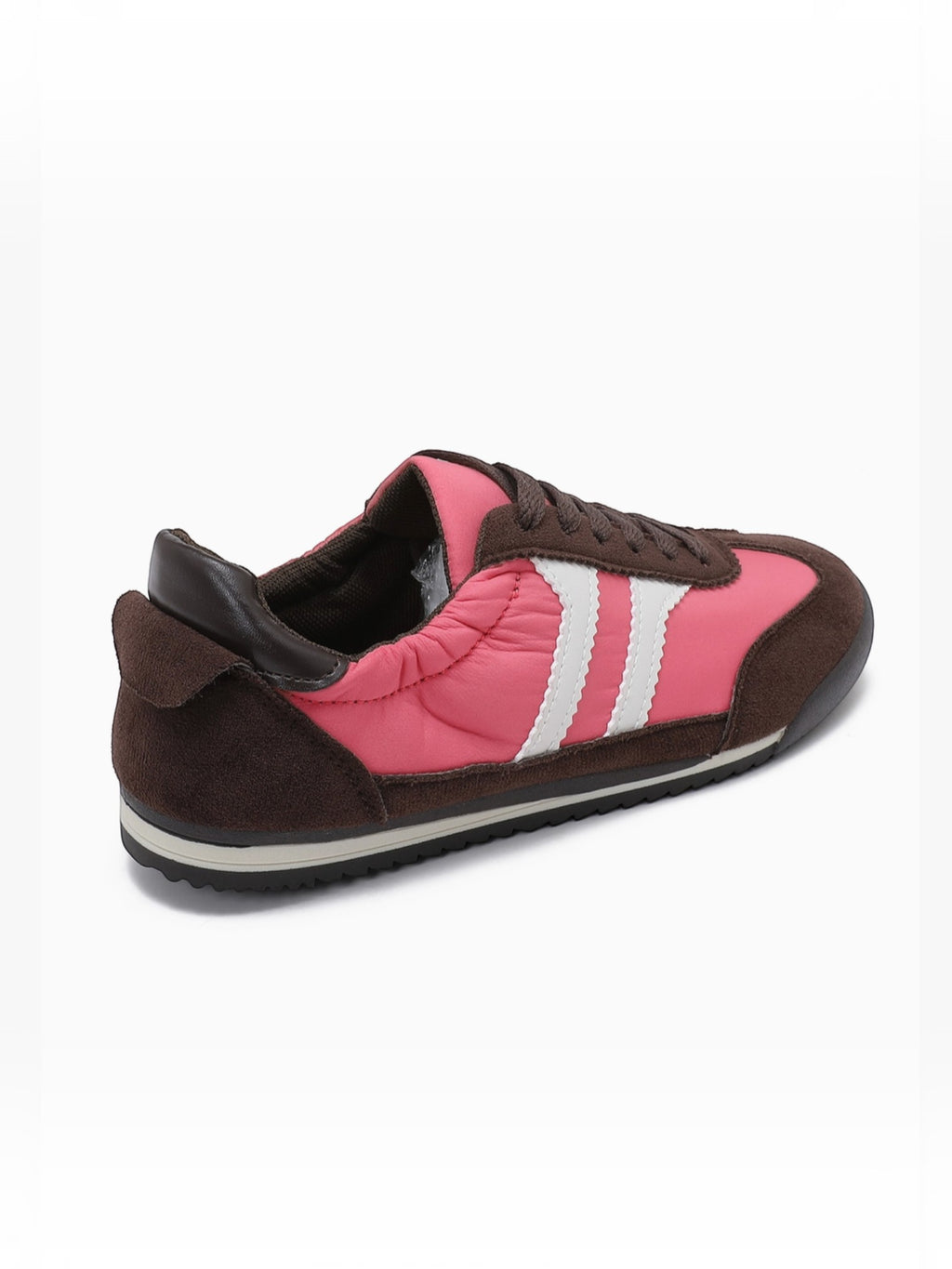 BROCK JOIA vintage style running sneakers in pink and brown with white side stripes and a comfortable rubber sole.