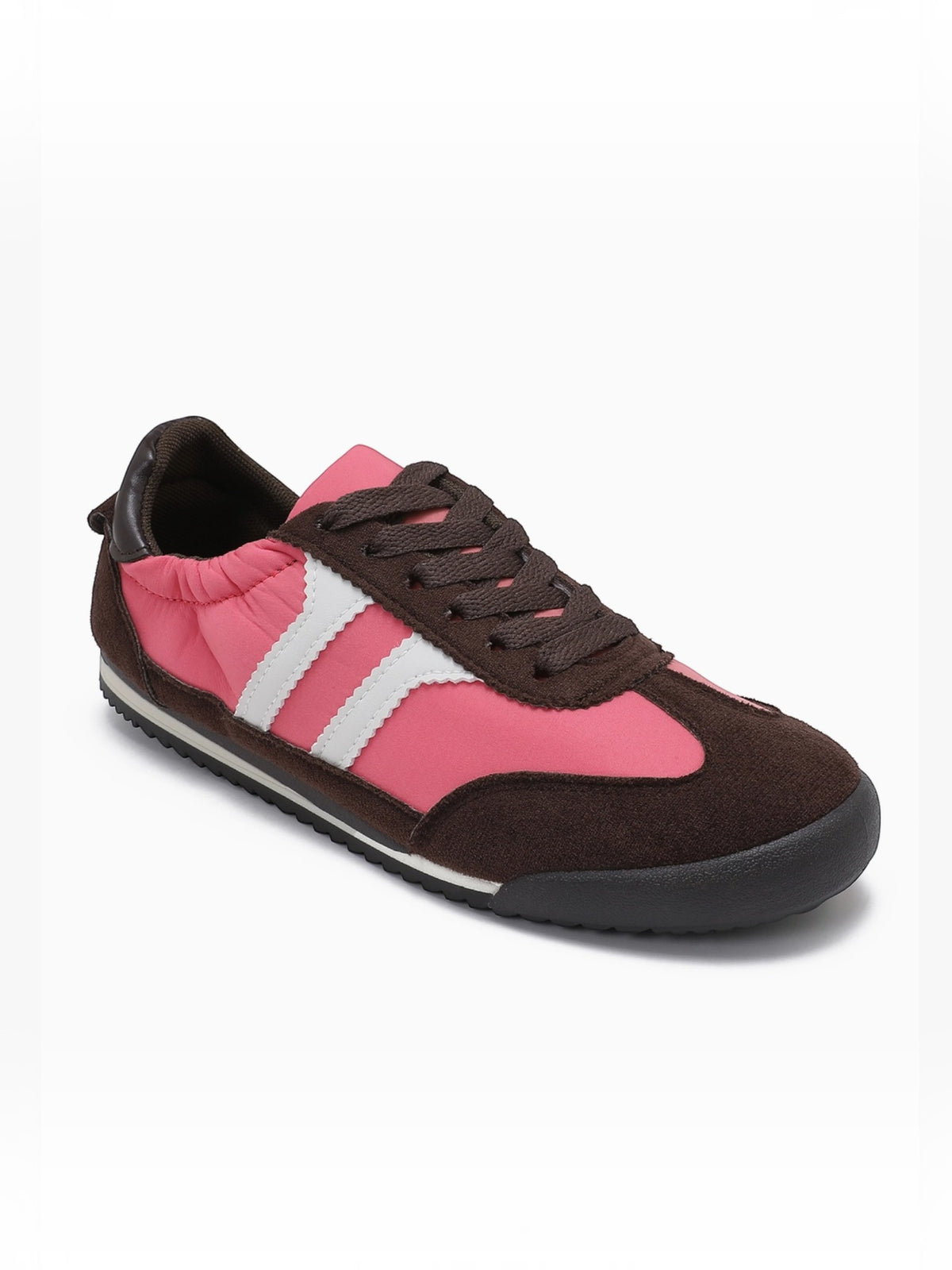 BROCK JOIA vintage style running sneakers in pink and dark brown with white side stripes and a comfortable sole.