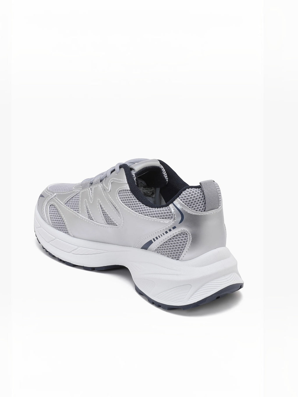 BROCK JOIA women's silver sport chic sneakers with breathable mesh, synthetic overlays, and a thick white sole.