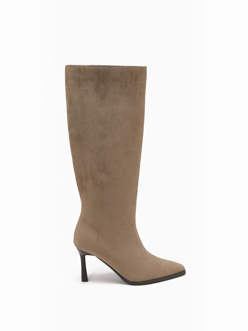 BROCK JOIA taupe synthetic suede knee-high boots with a pointed toe and 8cm stiletto heel.