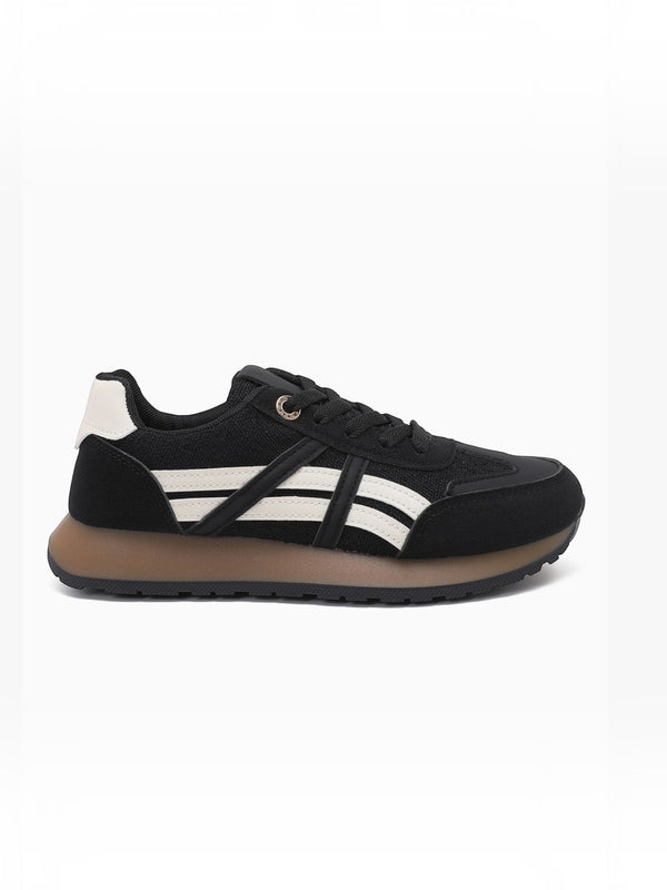 BROCK JOIA women's black and white running lifestyle sneakers with synthetic panels and a lightweight brown sole.