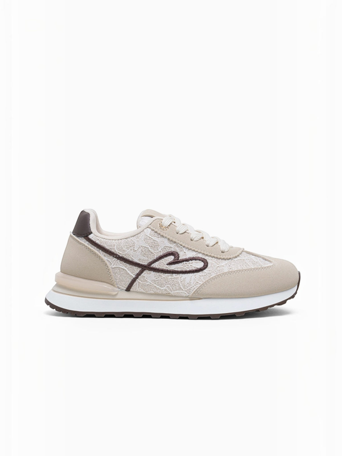 BROCK LADY GLORY beige running sneakers with lace panels, suede trim, and a decorative embroidered heart design.