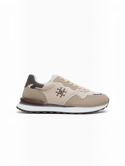 BROCK LADY GLORY beige running sneakers with suede, mesh, and faux leather panels featuring artisanal stitching.