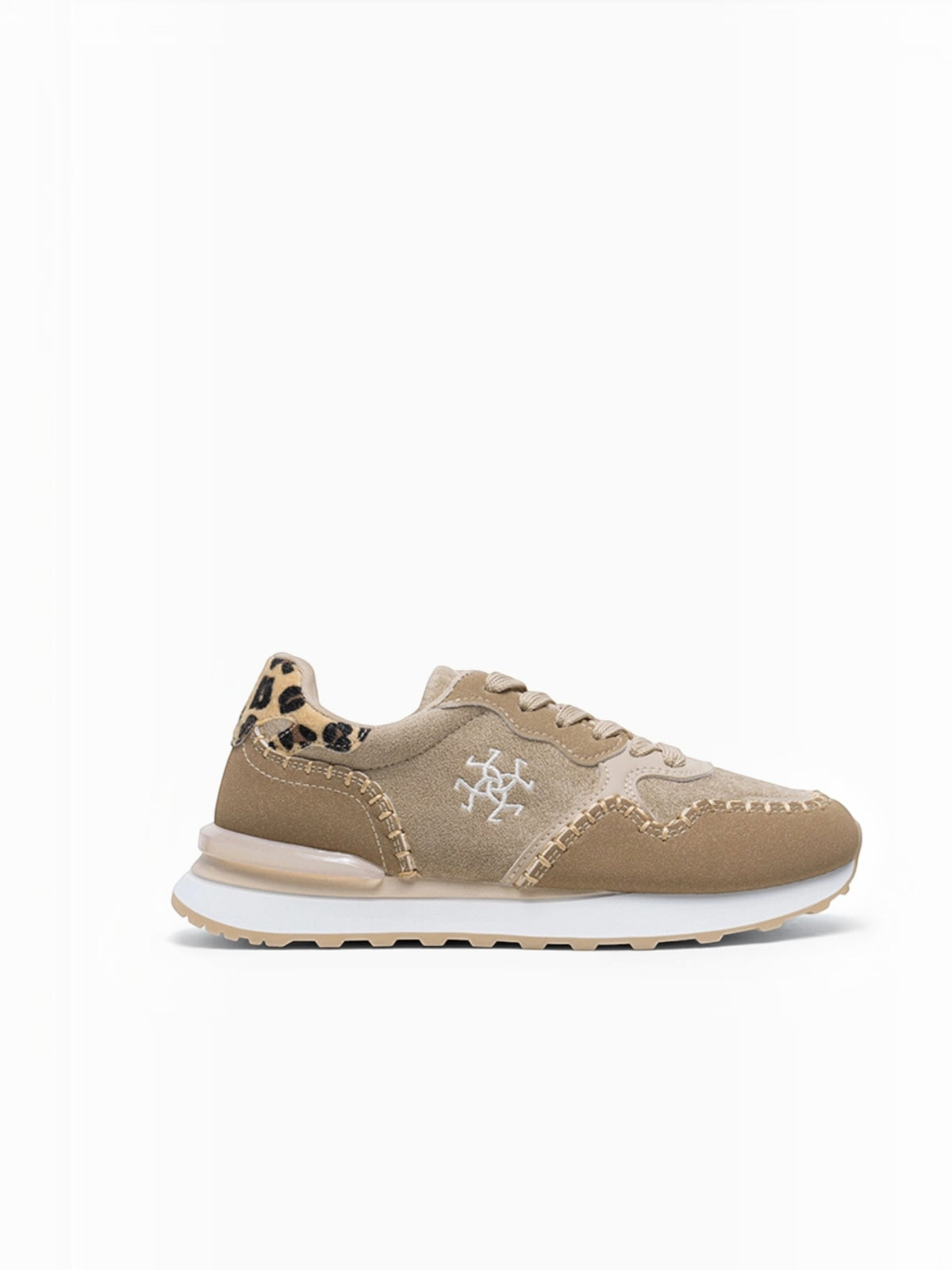 BROCK LADY GLORY beige running sneakers with suede, mesh, and leopard print heel detail and artisan stitching