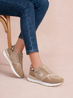 BROCK LADY GLORY beige suede and mesh running sneakers with leopard heel detail and artisan stitching on a model