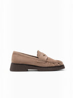 BROCK LADY GLORY beige faux suede loafers with ruched detailing, gold metallic accent, and low block heel.