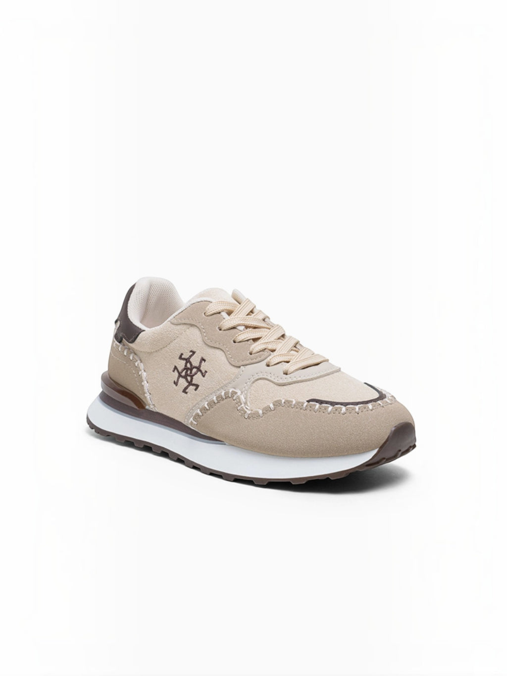BROCK LADY GLORY beige suede and mesh running sneakers with artisan stitching and monogram embroidery