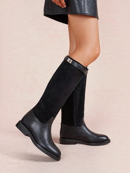 BROCK LADY GLORY black knee-high equestrian boots in mixed faux leather and suede with a low block heel