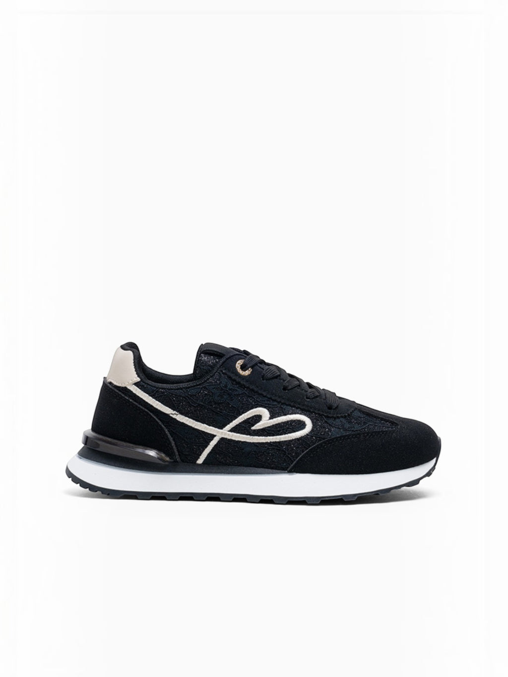 BROCK LADY GLORY black running sneakers with lace panels, suede details, and a white embroidered heart design