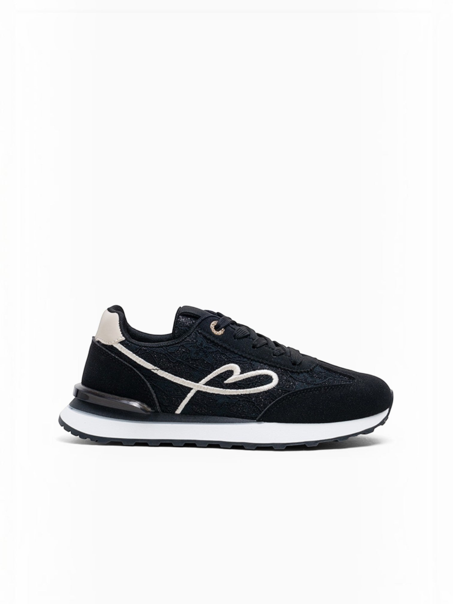 BROCK LADY GLORY black running sneakers with lace panels, suede details, and a white embroidered heart design