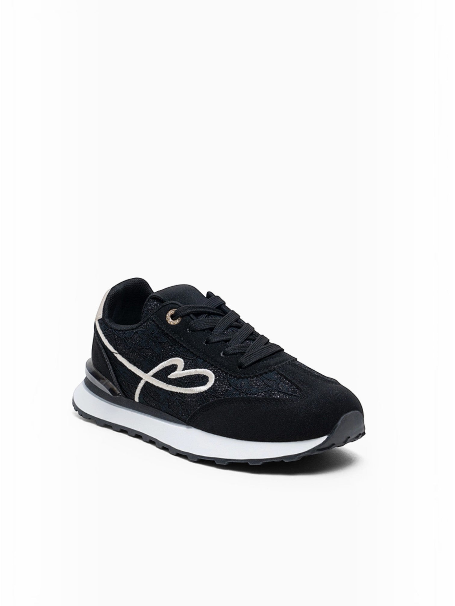 BROCK LADY GLORY black running sneakers with lace panels, suede details, and a white embroidered heart design.