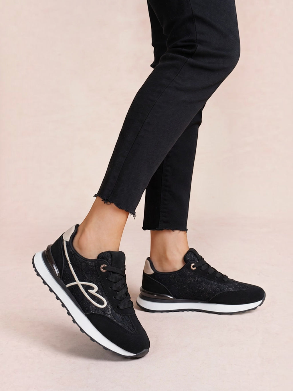 BROCK LADY GLORY black running sneakers with lace panels, embroidered heart detail, and metallic gold accents