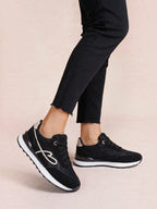 BROCK LADY GLORY black running sneakers with lace panels, embroidered heart detail, and metallic gold accents