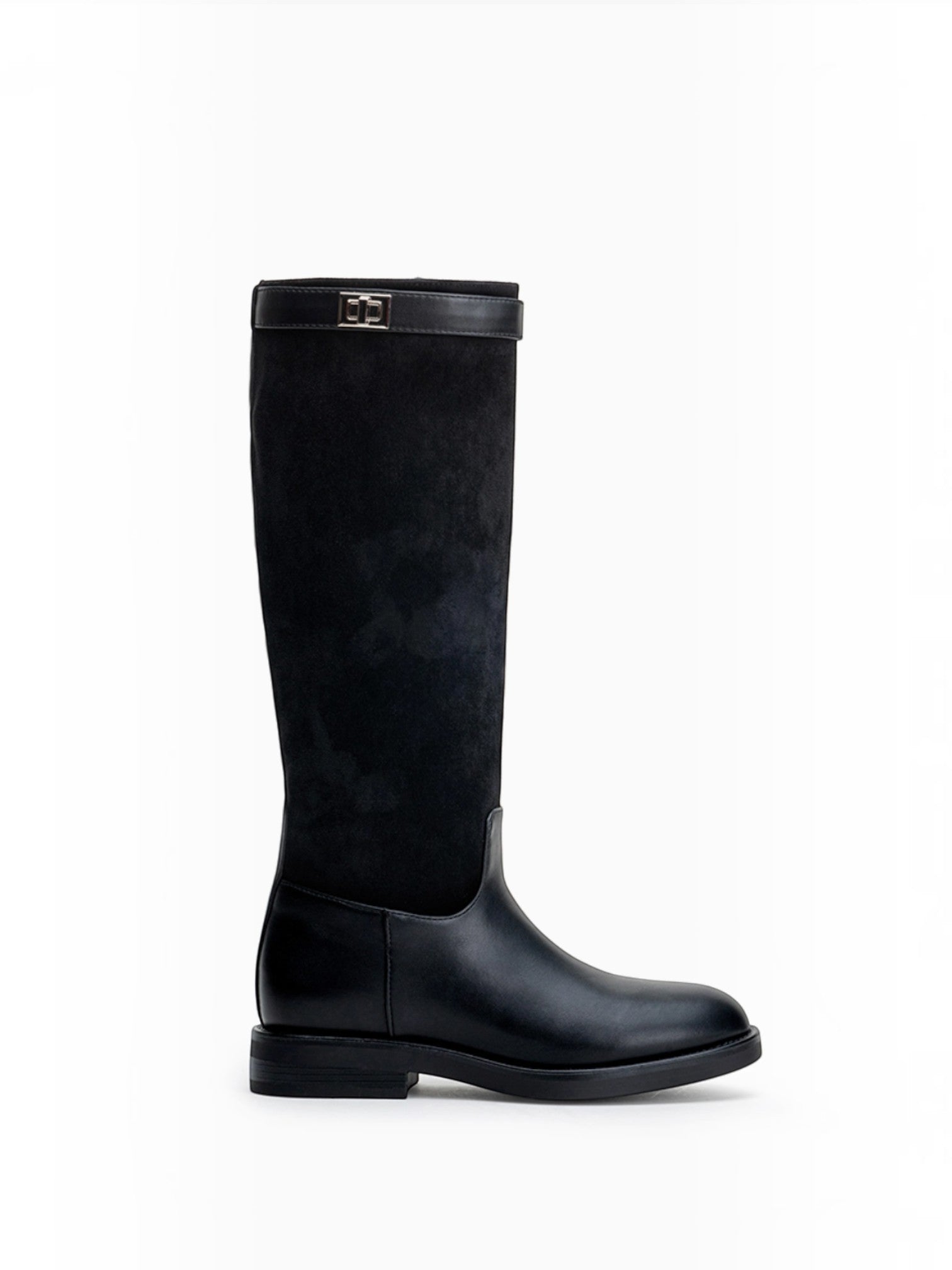 BROCK LADY GLORY black knee-high riding boots in mixed faux leather and suede with a decorative metallic buckle