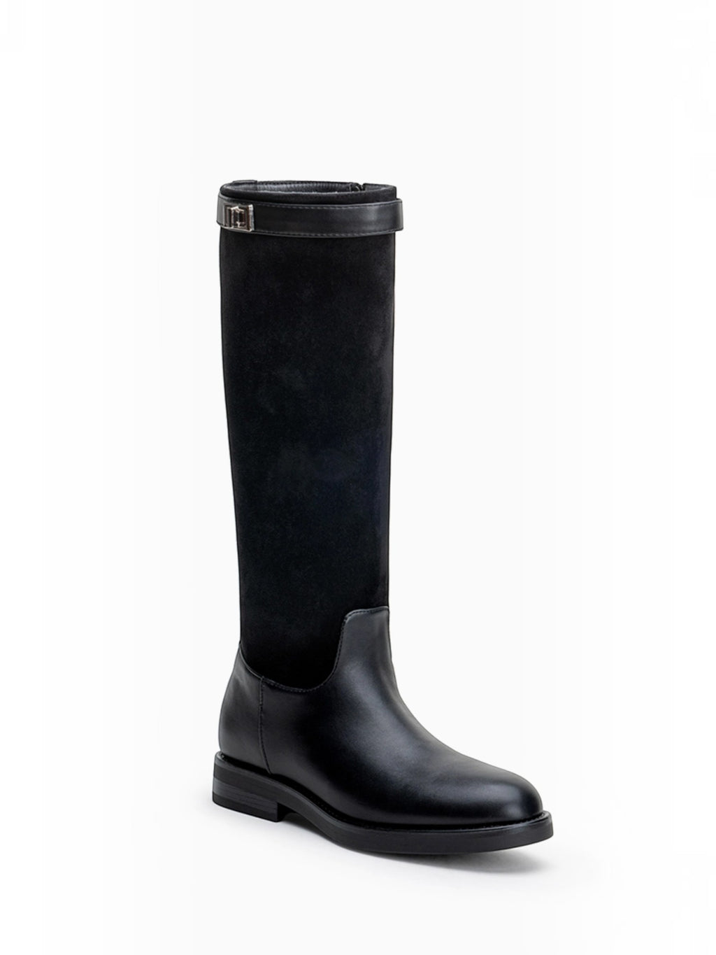 BROCK LADY GLORY black knee-high riding boots in mixed faux leather and suede with a decorative metallic buckle.