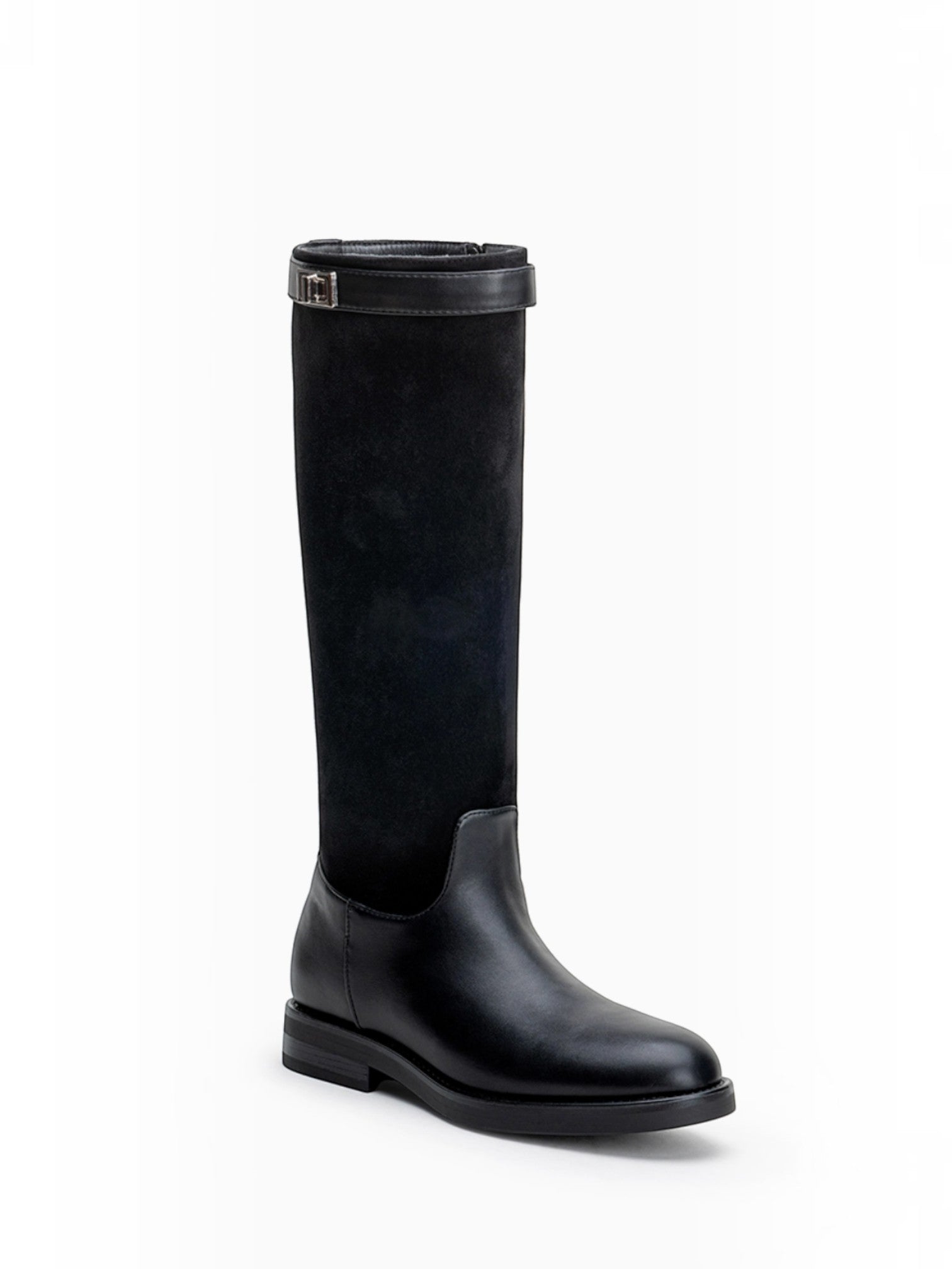 BROCK LADY GLORY black knee-high riding boots in mixed faux leather and suede with a decorative metallic buckle.