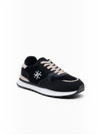 BROCK LADY GLORY black running sneakers with suede, mesh, and faux leather, featuring artisanal stitching and laces.