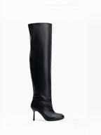 BROCK LADY GLORY black over-the-knee stiletto boots with a sleek faux leather finish and almond toe