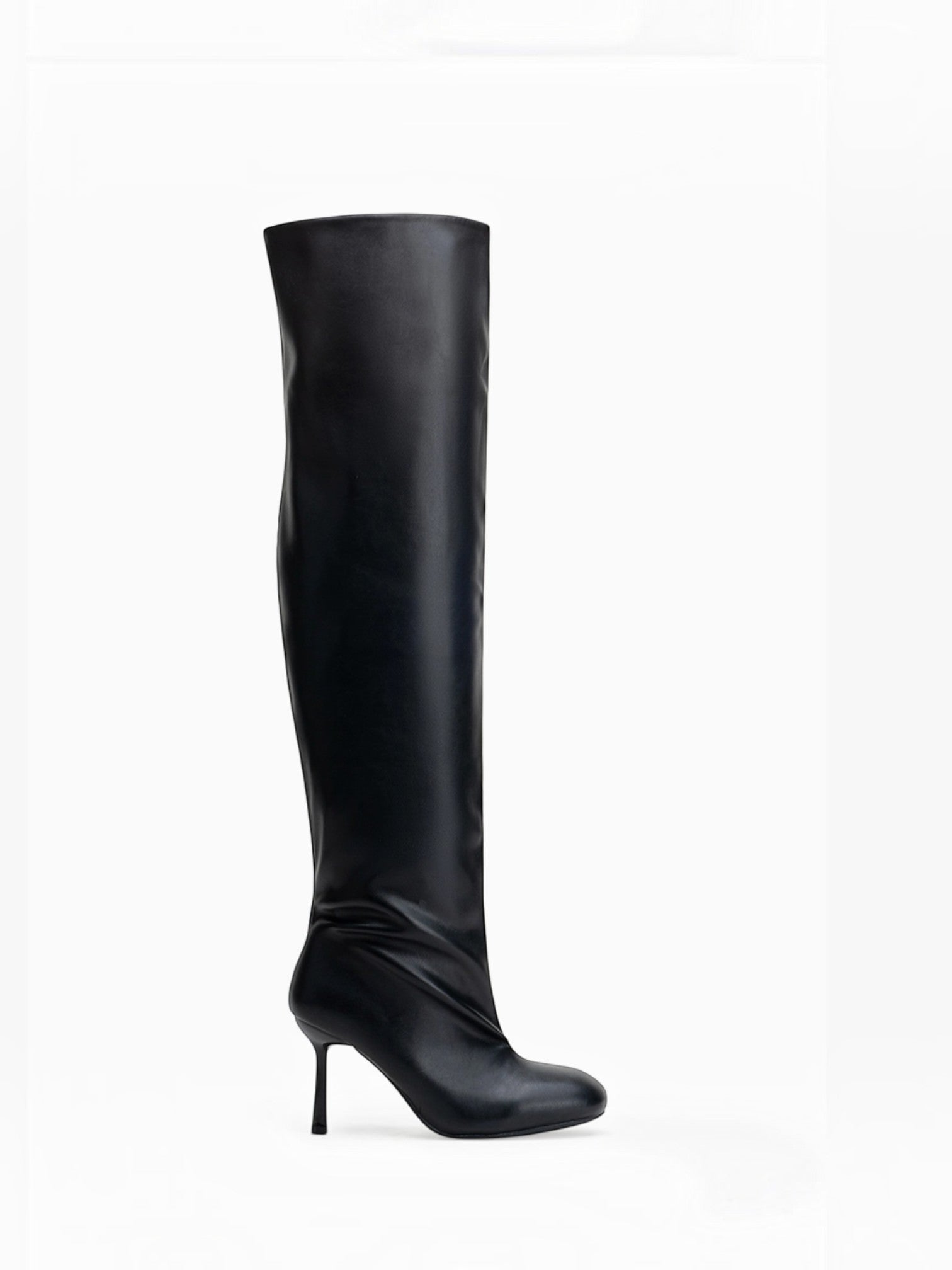 BROCK LADY GLORY black over-the-knee stiletto boots with a sleek faux leather finish and almond toe