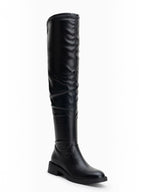 BROCK LADY GLORY black stretch faux leather over-the-knee boots with a low block heel and almond toe