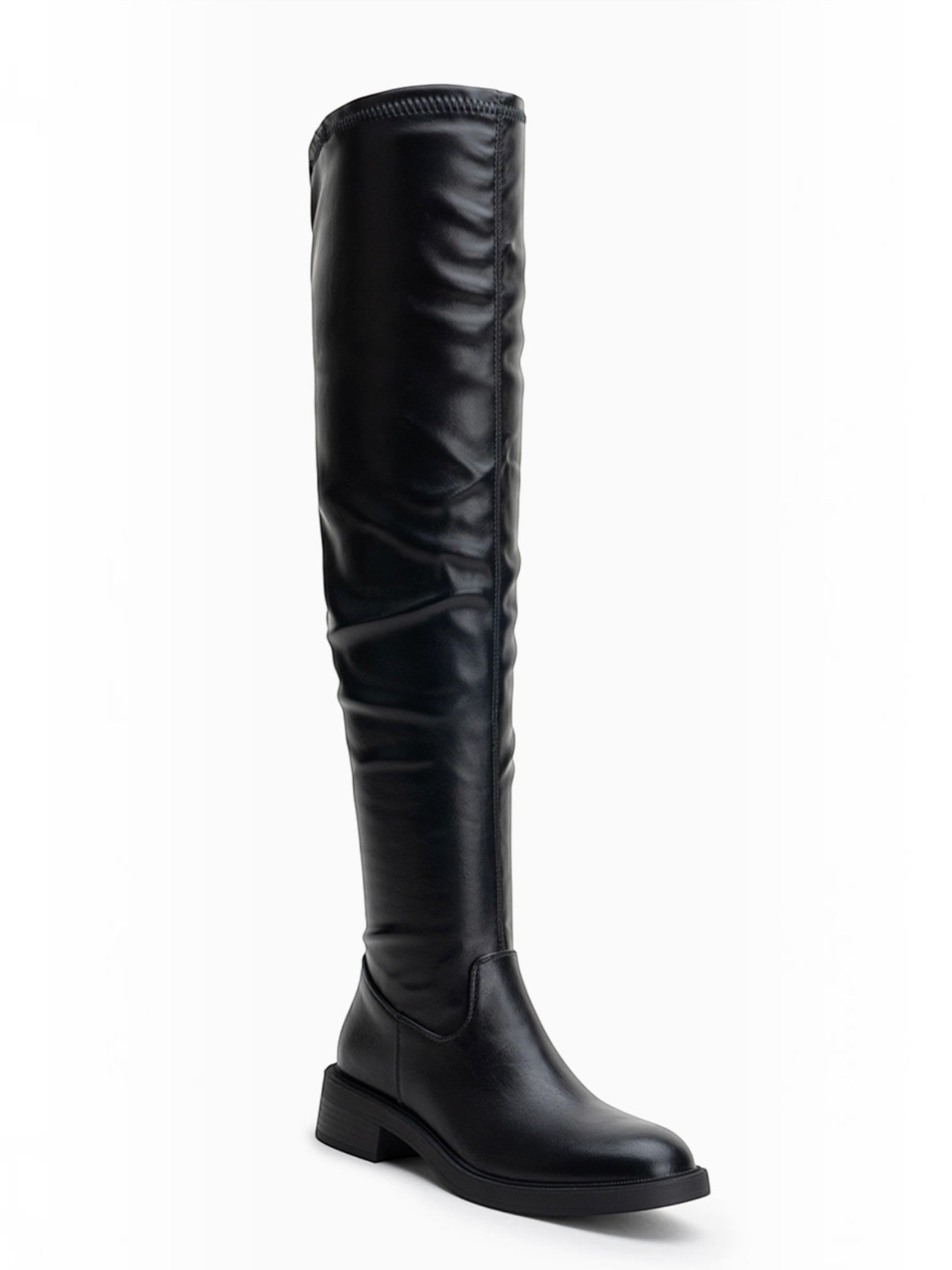 BROCK LADY GLORY black stretch faux leather over-the-knee boots with a low block heel and almond toe