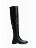 BROCK LADY GLORY black stretch faux leather over-the-knee boots with a low block heel and almond toe.