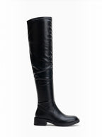 BROCK LADY GLORY black stretch faux leather over-the-knee boots with a low block heel and almond toe.