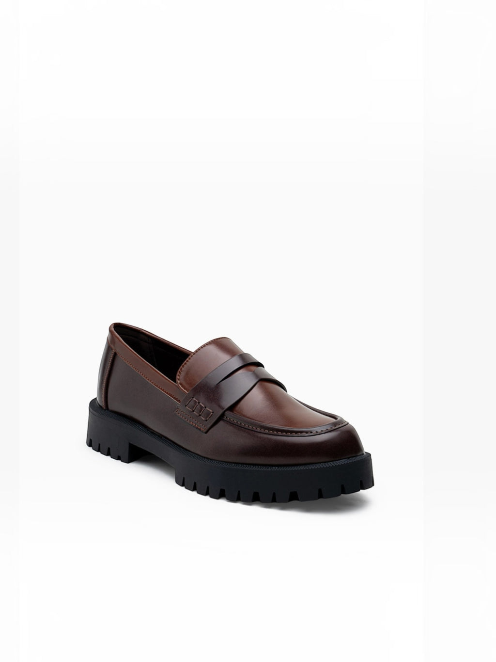 BROCK LADY GLORY brown faux leather chunky penny loafers with a thick black lug sole and slip-on design.