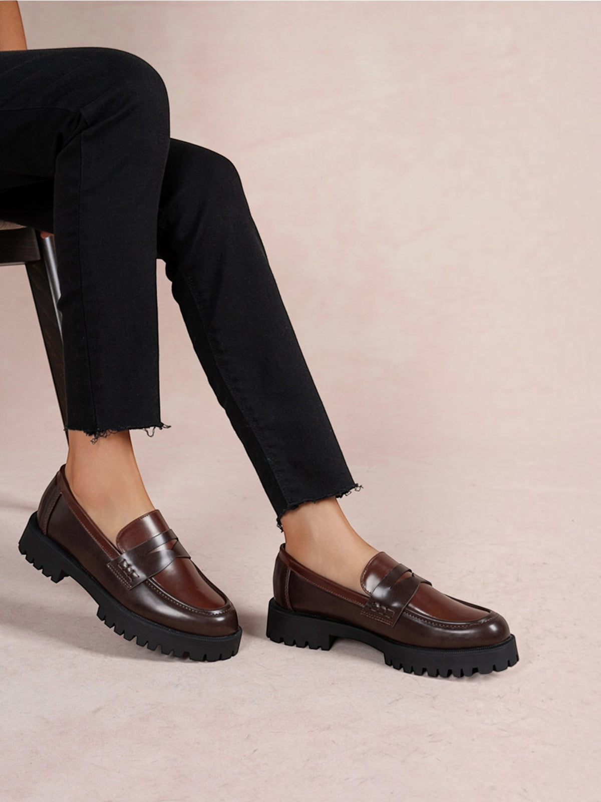 BROCK LADY GLORY brown faux leather chunky loafers with a thick black lug sole and classic penny loafer strap