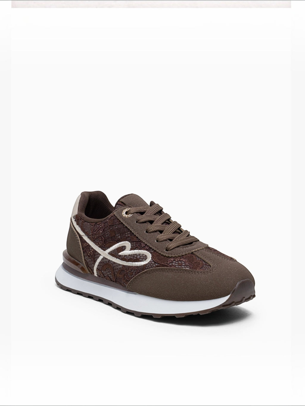 BROCK LADY GLORY brown running sneakers with lace panels, embroidered heart detail, and white EVA foam sole.