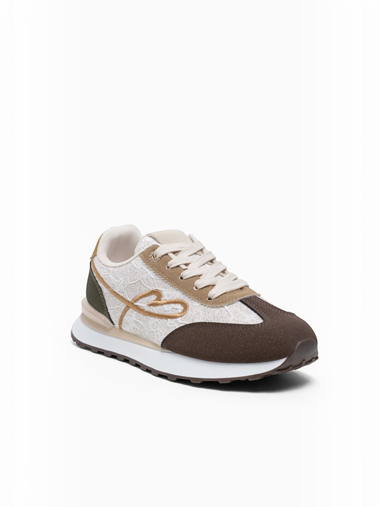 BROCK LADY GLORY running sneakers in brown and beige with lace side panels and embroidered heart detail