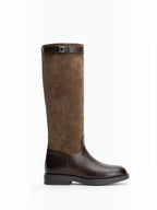 BROCK LADY GLORY brown knee-high riding boots in mixed faux leather and suede with a decorative metallic buckle.