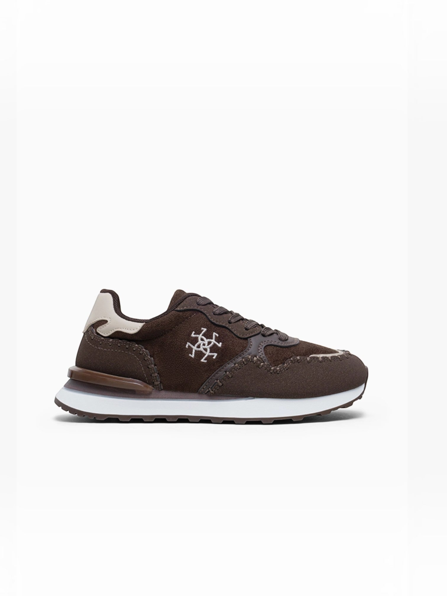 BROCK LADY GLORY brown running sneakers in suede, mesh, and faux leather with artisan stitching and monogram detail.